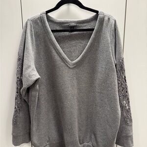Torrid Cozy  Fleece V-Neck with Crochet Floral Detail Sleeves